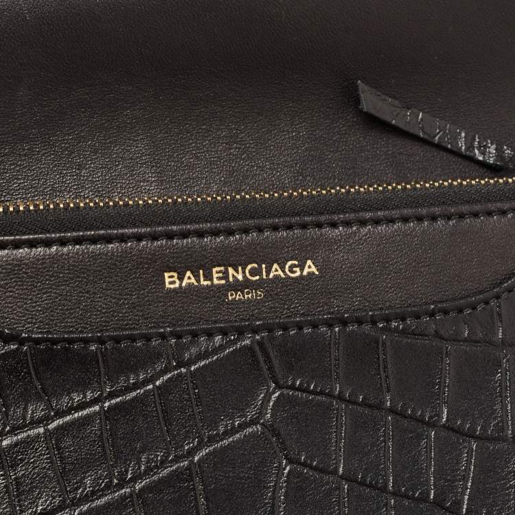 Pre Owned Balenciaga Black Croc Embossed Leather Classic Wallet On Chain