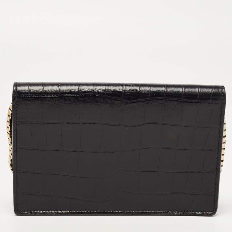 Pre Owned Balenciaga Black Croc Embossed Leather Classic Wallet On Chain