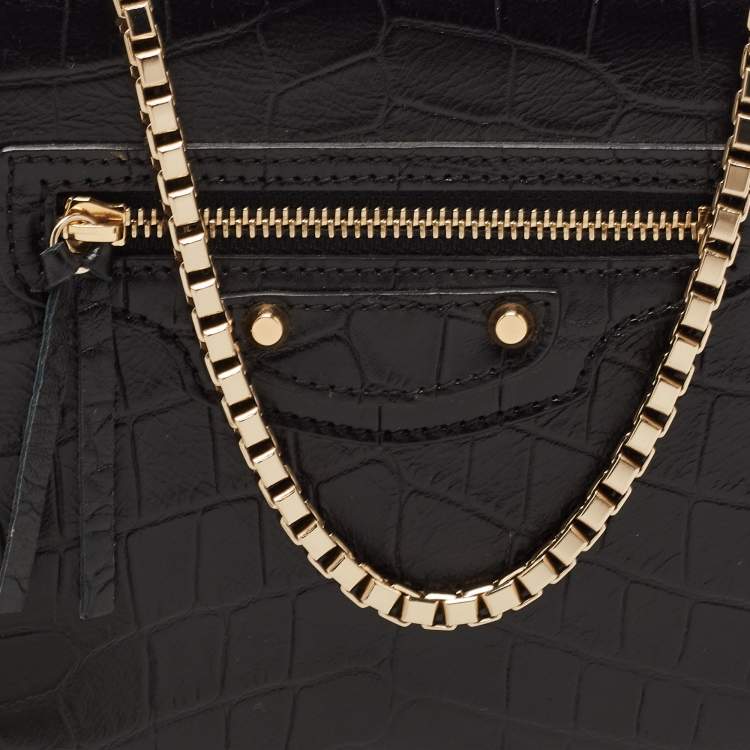 Pre Owned Balenciaga Black Croc Embossed Leather Classic Wallet On Chain