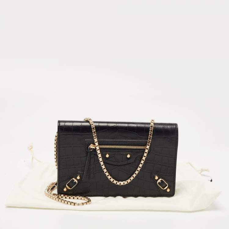 Pre Owned Balenciaga Black Croc Embossed Leather Classic Wallet On Chain