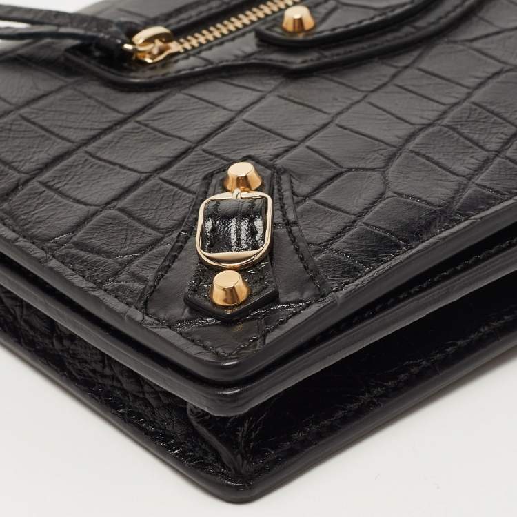 Pre Owned Balenciaga Black Croc Embossed Leather Classic Wallet On Chain