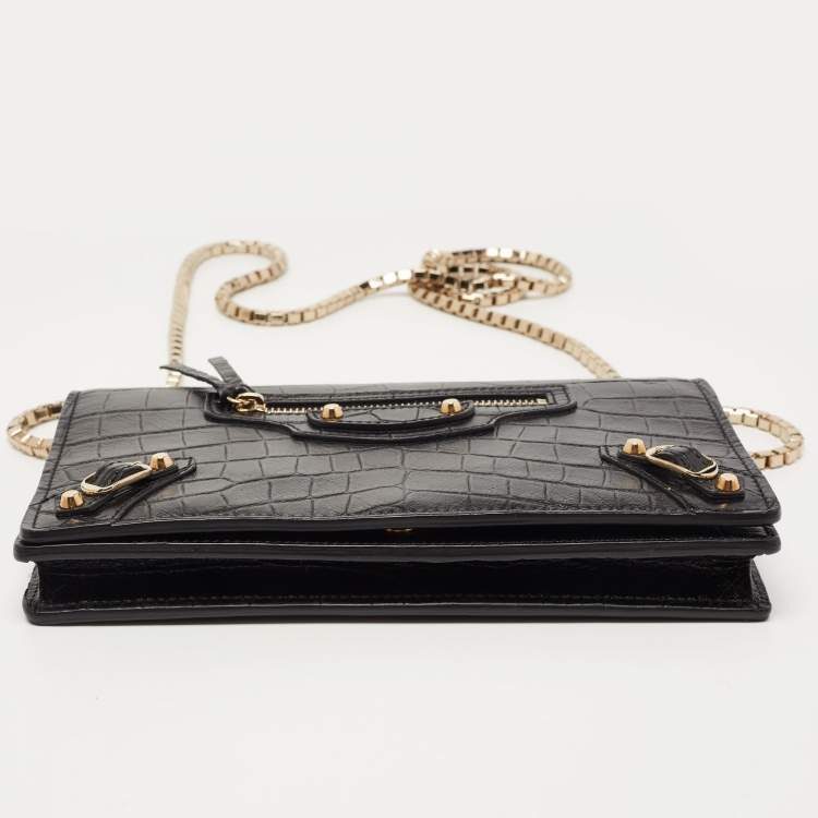 Pre Owned Balenciaga Black Croc Embossed Leather Classic Wallet On Chain