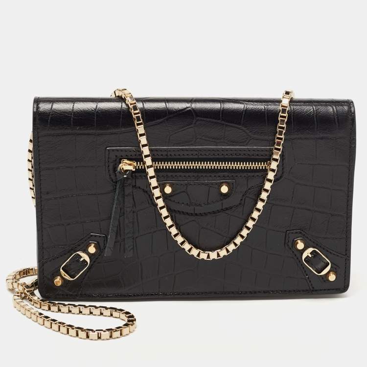 Pre Owned Balenciaga Black Croc Embossed Leather Classic Wallet On Chain