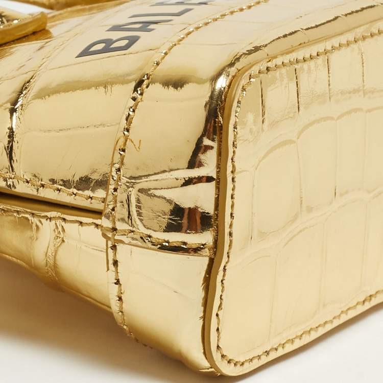 Pre Owned Balenciaga Metallic Gold Croc Embossed Leather Mini Ville Crossbody Bag