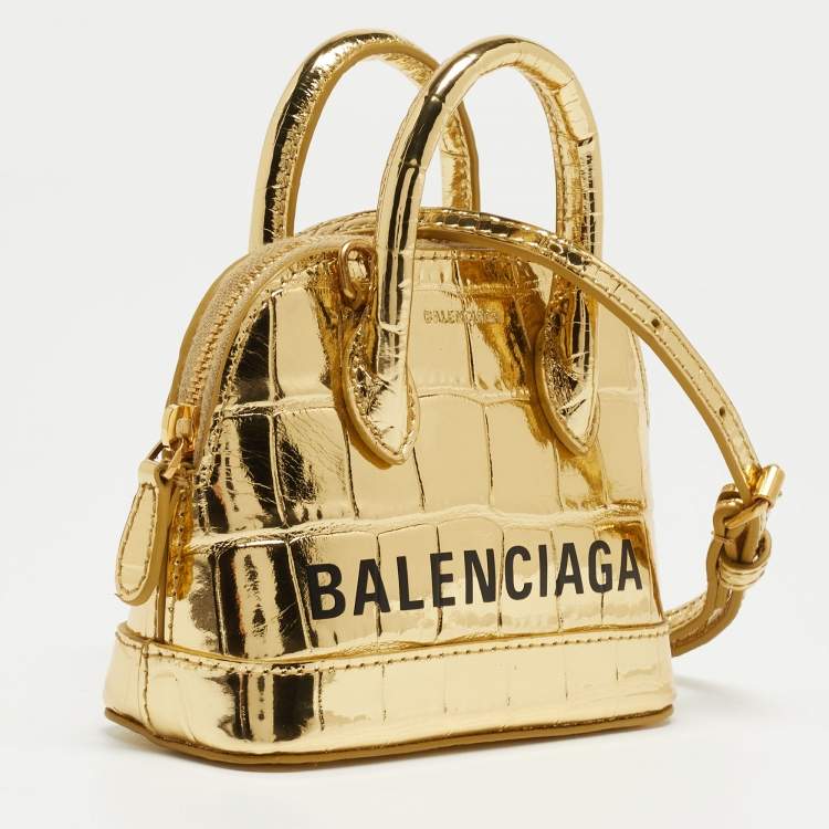 Pre Owned Balenciaga Metallic Gold Croc Embossed Leather Mini Ville Crossbody Bag