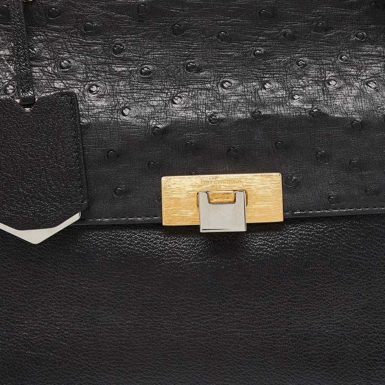 Pre Owned Balenciaga Black Leather and Ostrich Le Dix Cartable Top Handle Bag