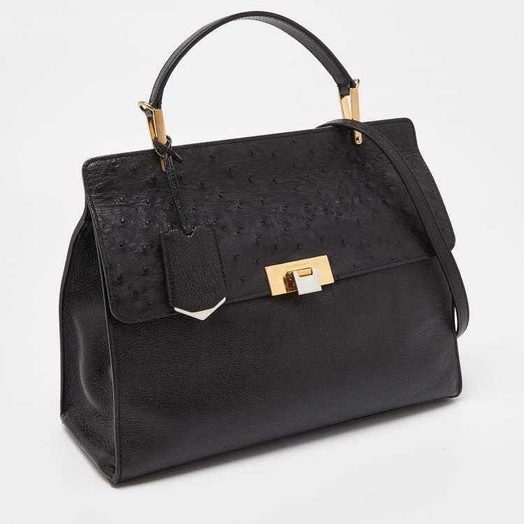 Pre Owned Balenciaga Black Leather and Ostrich Le Dix Cartable Top Handle Bag