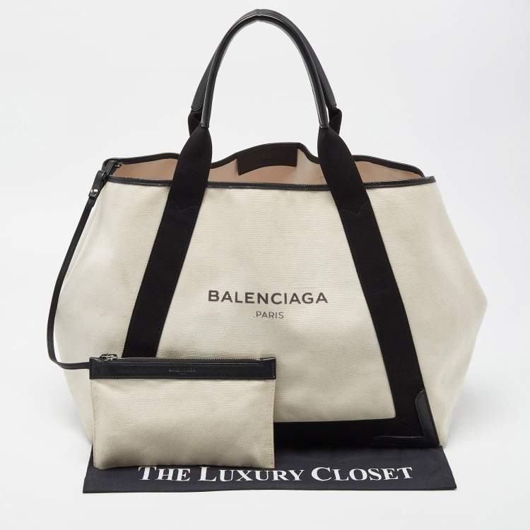 Pre Owned Balenciaga Black/Off White Canvas and Leather Large Cabas Tote