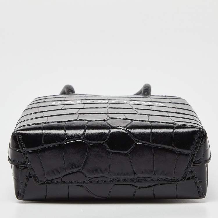 Pre Owned Balenciaga Black Croc Embossed Leather Phone Holder Crossbody Bag