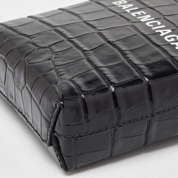 Pre Owned Balenciaga Black Croc Embossed Leather Phone Holder Crossbody Bag
