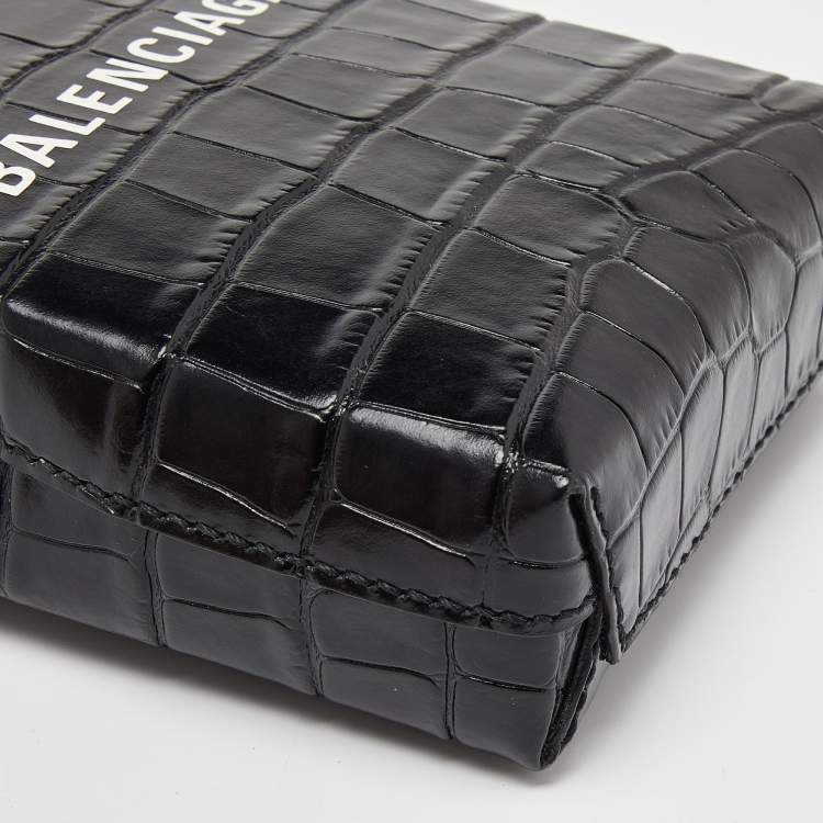 Pre Owned Balenciaga Black Croc Embossed Leather Phone Holder Crossbody Bag