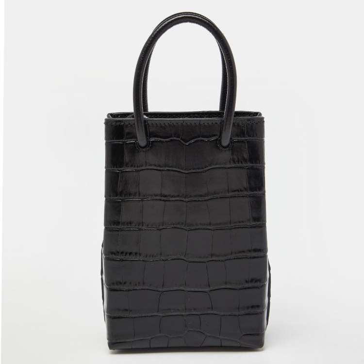 Pre Owned Balenciaga Black Croc Embossed Leather Phone Holder Crossbody Bag