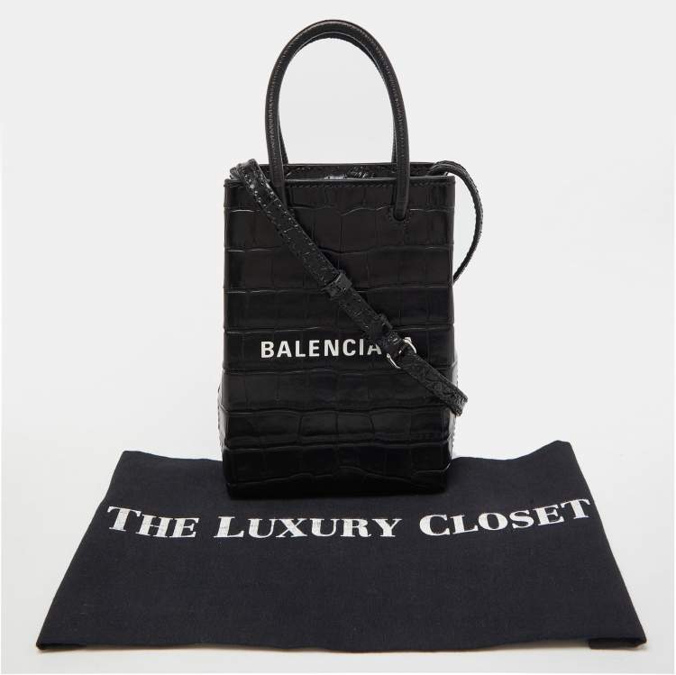 Pre Owned Balenciaga Black Croc Embossed Leather Phone Holder Crossbody Bag