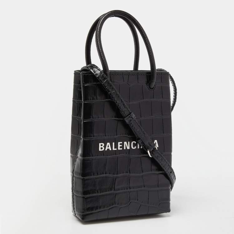 Pre Owned Balenciaga Black Croc Embossed Leather Phone Holder Crossbody Bag
