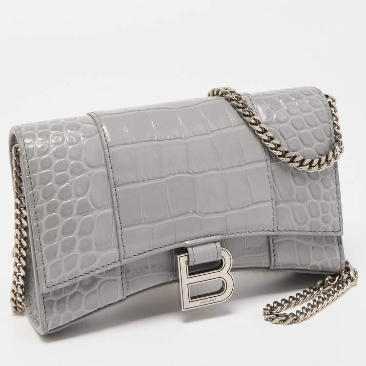 Pre Owned Balenciaga Grey Croc Embossed Leather Hourglass Wallet on Chain