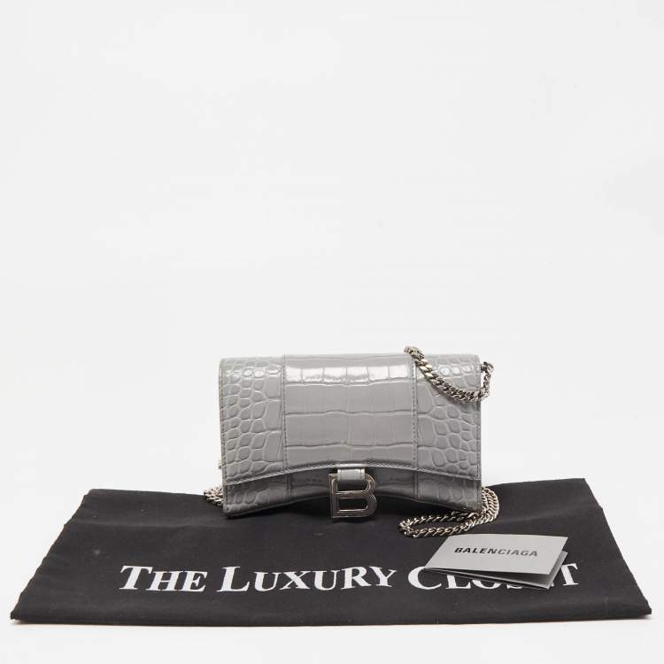 Pre Owned Balenciaga Grey Croc Embossed Leather Hourglass Wallet on Chain
