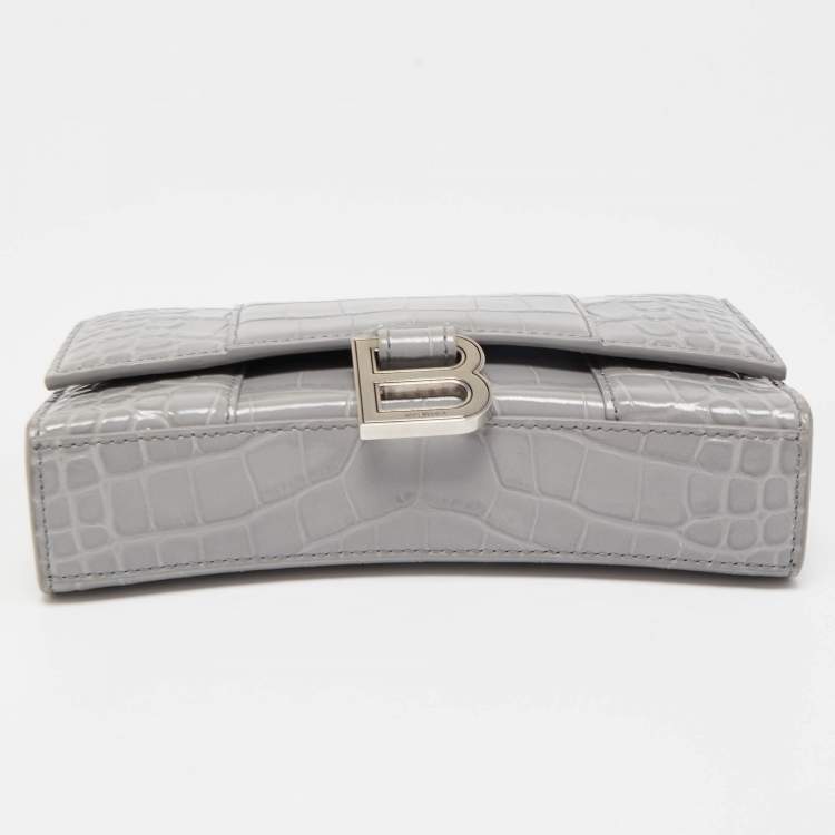 Pre Owned Balenciaga Grey Croc Embossed Leather Hourglass Wallet on Chain