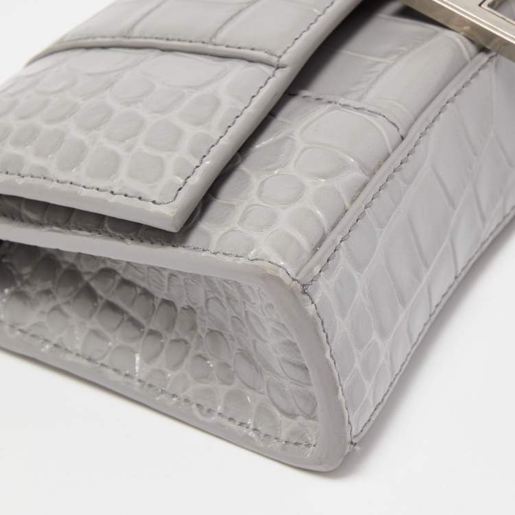 Pre Owned Balenciaga Grey Croc Embossed Leather Hourglass Wallet on Chain