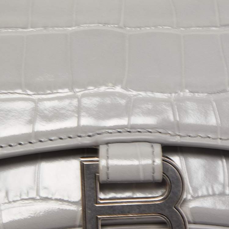 Pre Owned Balenciaga Grey Croc Embossed Leather Hourglass Wallet on Chain