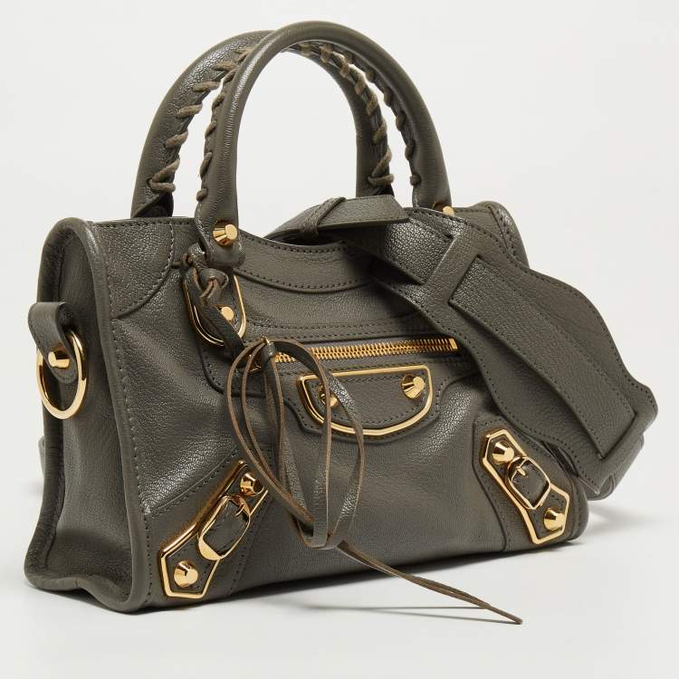 Pre Owned Balenciaga Grey Leather Mini Classic Metallic Edge City Bag