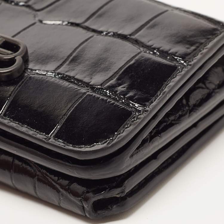 Pre Owned Balenciaga Black Croc Embossed Shiny Leather Mini BB Wallet