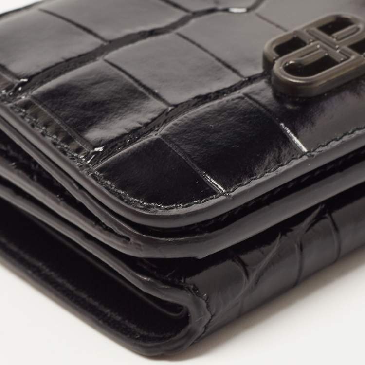 Pre Owned Balenciaga Black Croc Embossed Shiny Leather Mini BB Wallet