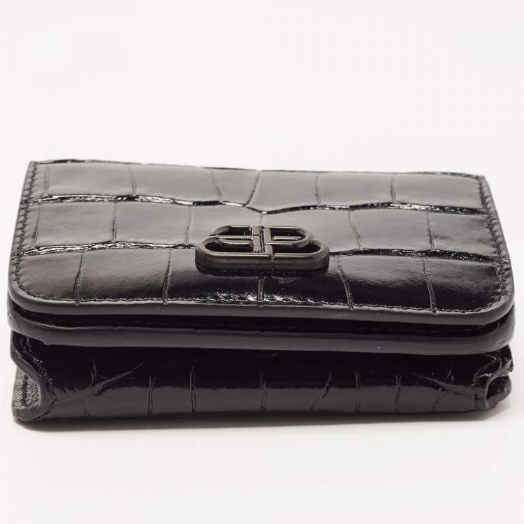 Pre Owned Balenciaga Black Croc Embossed Shiny Leather Mini BB Wallet