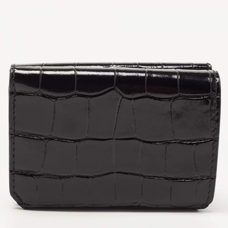 Pre Owned Balenciaga Black Croc Embossed Shiny Leather Mini BB Wallet