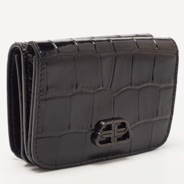 Pre Owned Balenciaga Black Croc Embossed Shiny Leather Mini BB Wallet