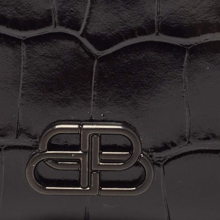 Pre Owned Balenciaga Black Croc Embossed Shiny Leather Mini BB Wallet