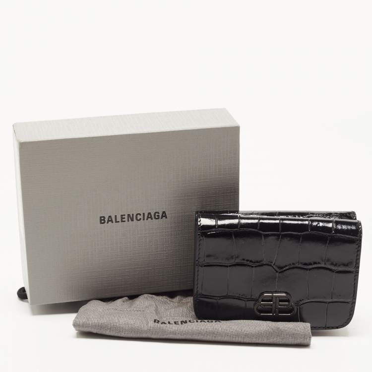 Pre Owned Balenciaga Black Croc Embossed Shiny Leather Mini BB Wallet