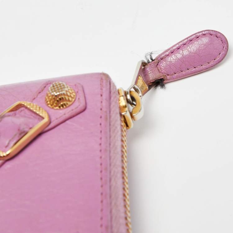 Pre Owned Balenciaga Pink Leather City Zip Around Wallet