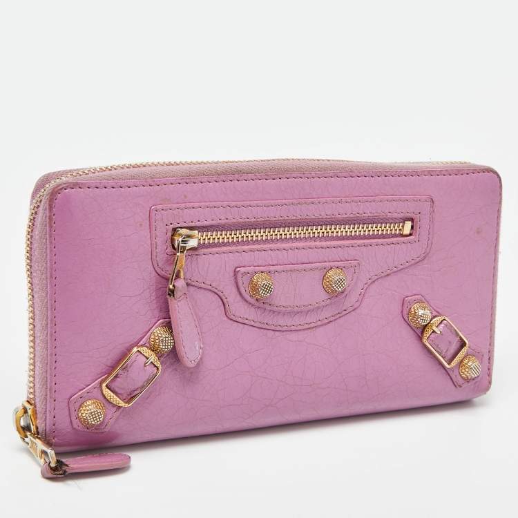 Pre Owned Balenciaga Pink Leather City Zip Around Wallet