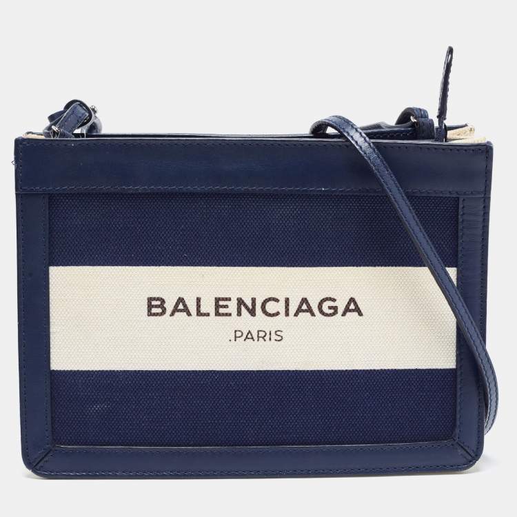 Balenciaga Navy Blue/Cream Canvas and Leather Pochette Crossbody Bag  Balenciaga