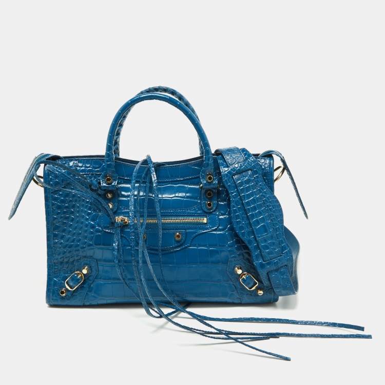 Balenciaga Small City Croc-embossed Leather Satchel in Blue