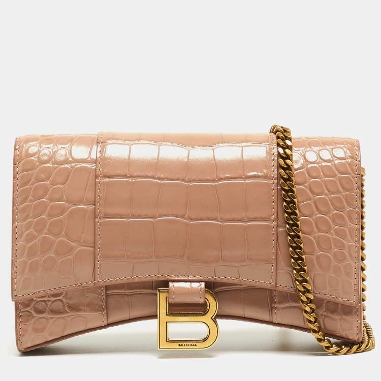 Pre Owned Balenciaga Old Rose Croc Embossed Leather Hourglass Wallet on Chain
