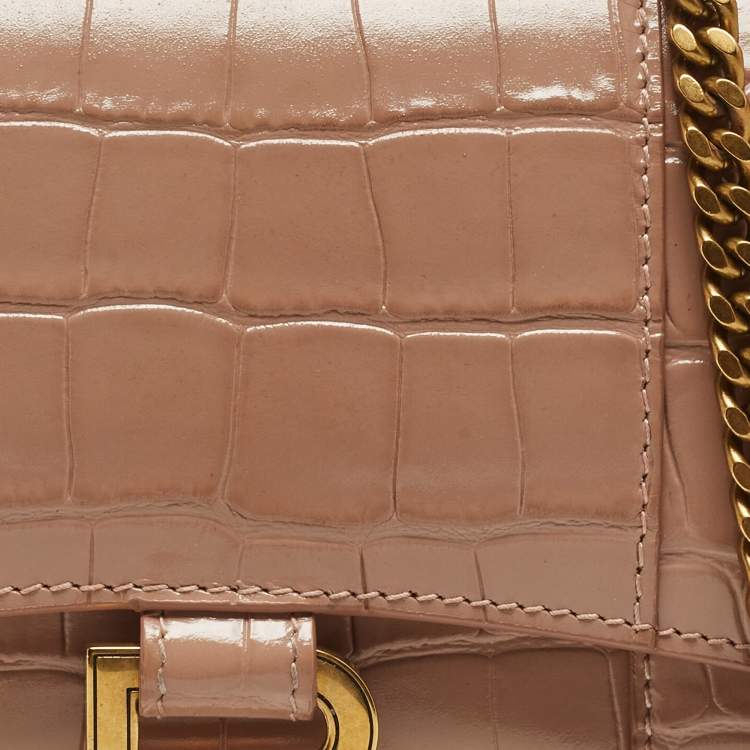 Pre Owned Balenciaga Old Rose Croc Embossed Leather Hourglass Wallet on Chain