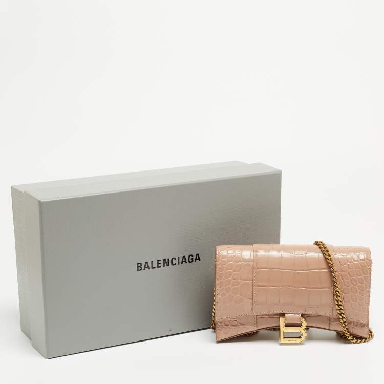 Pre Owned Balenciaga Old Rose Croc Embossed Leather Hourglass Wallet on Chain