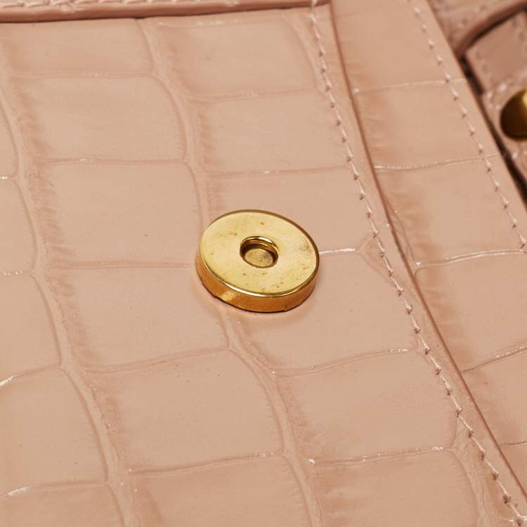 Pre Owned Balenciaga Old Rose Croc Embossed Leather Hourglass Wallet on Chain