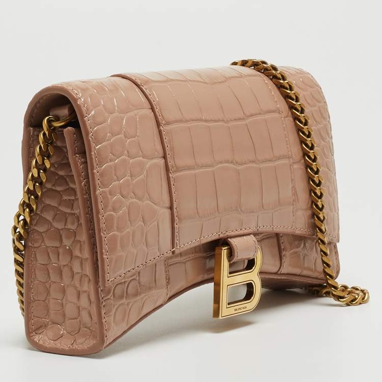 Pre Owned Balenciaga Old Rose Croc Embossed Leather Hourglass Wallet on Chain
