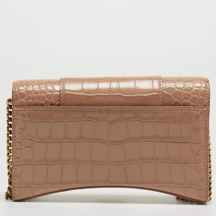 Pre Owned Balenciaga Old Rose Croc Embossed Leather Hourglass Wallet on Chain