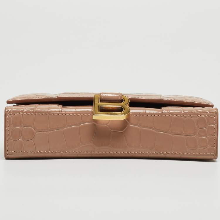 Pre Owned Balenciaga Old Rose Croc Embossed Leather Hourglass Wallet on Chain