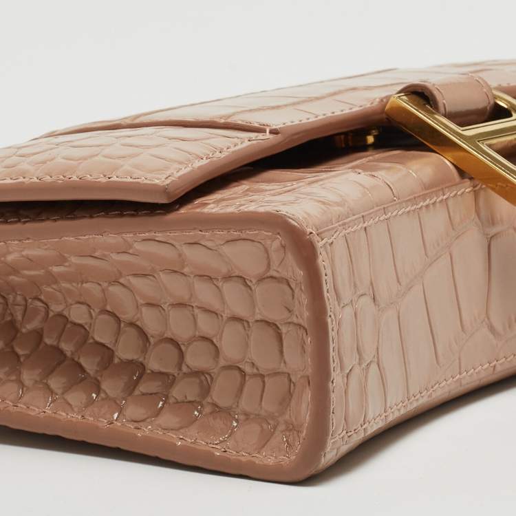 Pre Owned Balenciaga Old Rose Croc Embossed Leather Hourglass Wallet on Chain