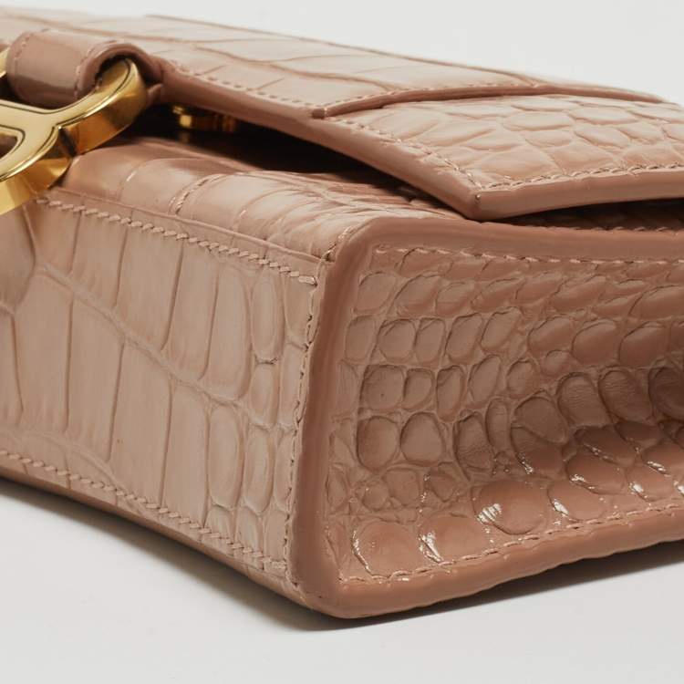 Pre Owned Balenciaga Old Rose Croc Embossed Leather Hourglass Wallet on Chain