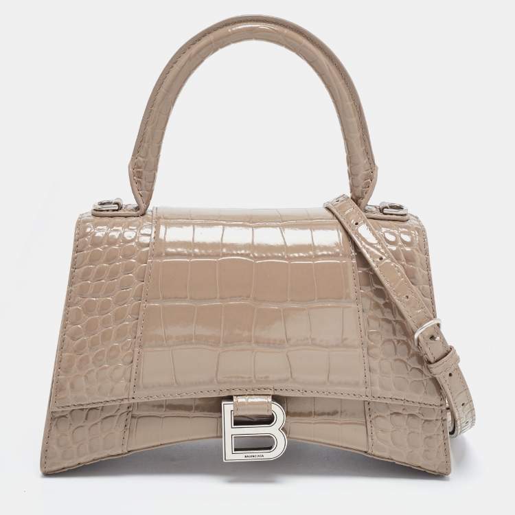 Balenciaga Women's Hourglass Mini Handbag with Chain Crocodile Embossed - Black