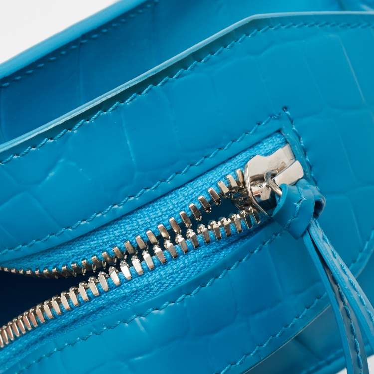 Pre Owned Balenciaga Blue Croc Embossed Leather Mini Neo Classic Bag