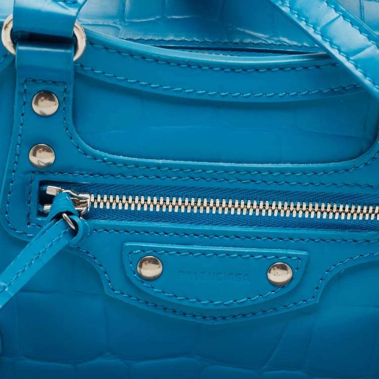 Pre Owned Balenciaga Blue Croc Embossed Leather Mini Neo Classic Bag