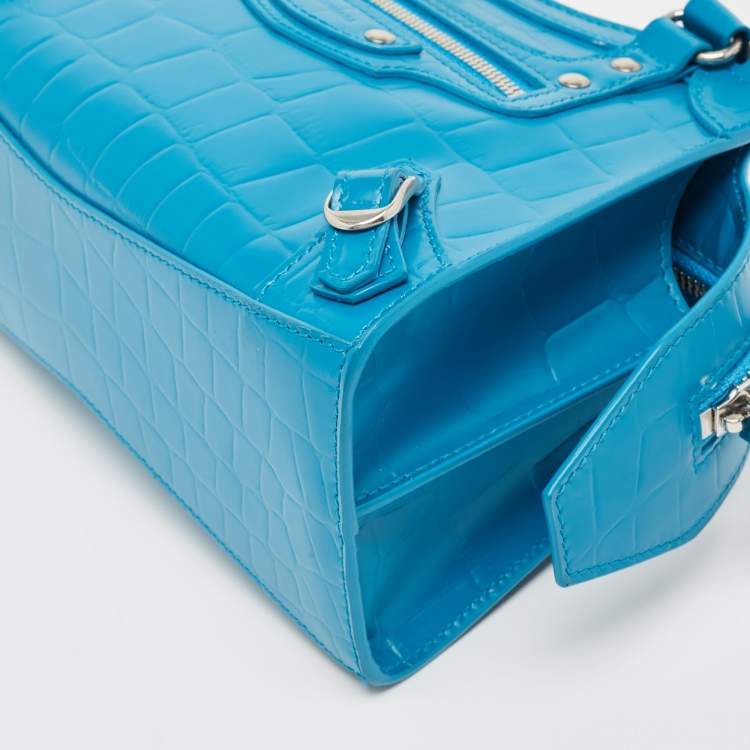Pre Owned Balenciaga Blue Croc Embossed Leather Mini Neo Classic Bag