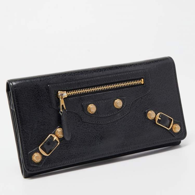 Pre Owned Balenciaga Black Leather City Flap Continental Wallet