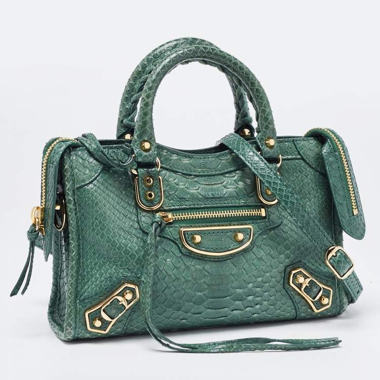 Pre Owned Balenciaga Green Python Nano Classic City Bag